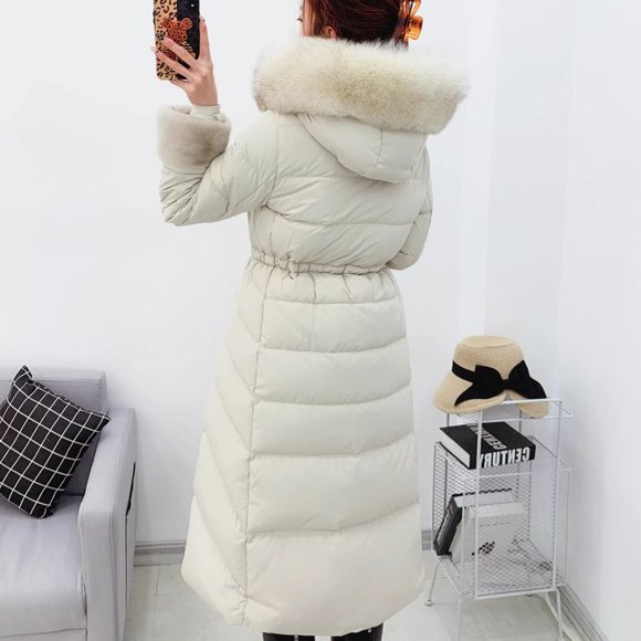 MICHAA Korean Luxury Fox and Mink Fur Long Down Jacket with Belt Size 55 - Picture 7 of 16